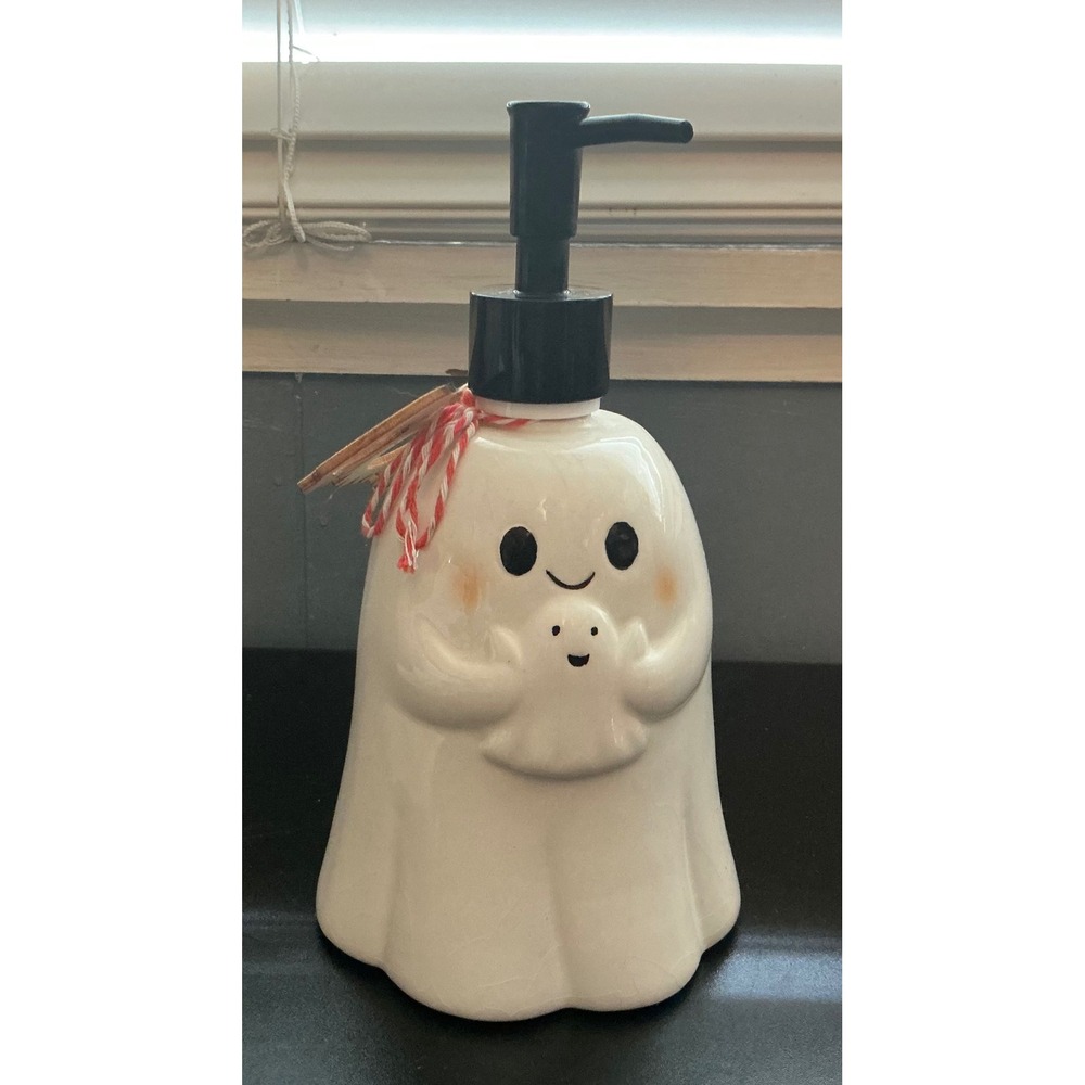 New Ceramic Ghost W/Baby Boo Soap Dispenser Halloween Spooky Decor & Boo Tag